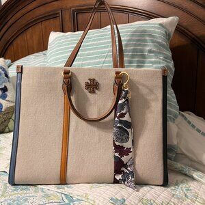 Tory Burch Beige Tote Fall bag and fun scarf accessory